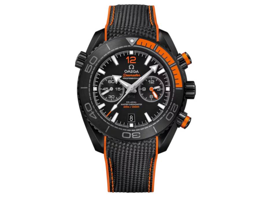 Seamaster Planet Ocean 600M Chronograph Deep Black Automatik Keramik 45,5mm schwarzes Zifferblatt schwarz oranges Kautschukband