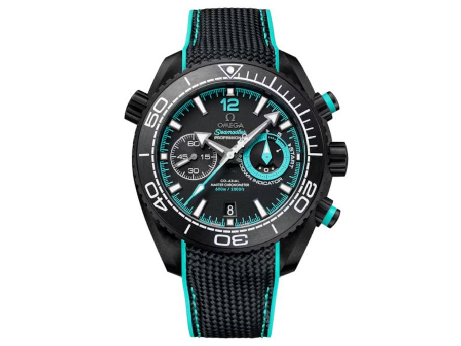 Seamaster Planet Ocean 600M Chronograph ETNZ Deep Black Automatik Keramik 45,5mm schwarzes Zifferblatt schwarz türkises Kautschukband