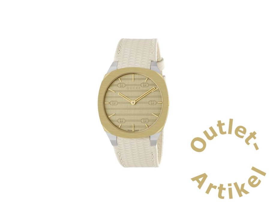 25H Quarz Edelstahl 34mm goldenes Zifferblatt weißes Lederband YA163416