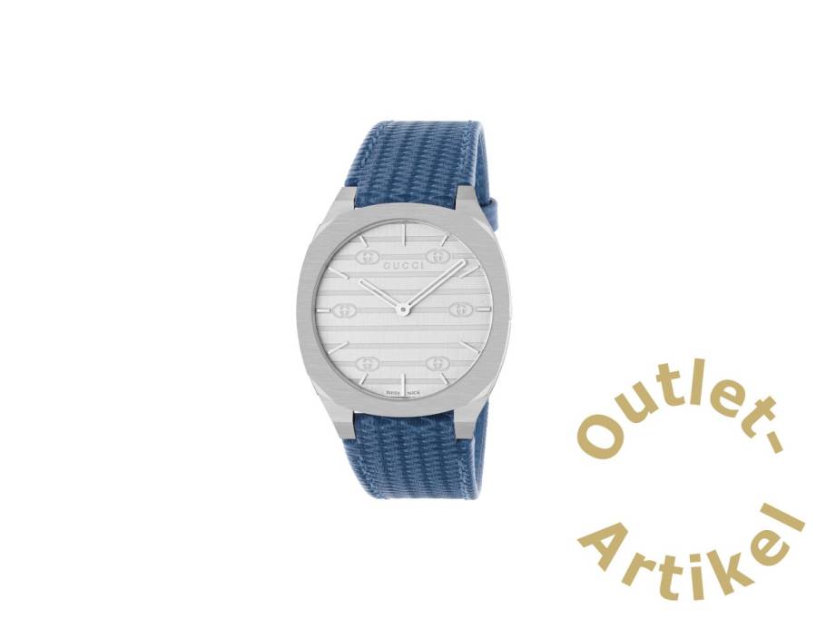 25H Quarz Edelstahl 34mm silbernes Zifferblatt blaues Lederband YA163422