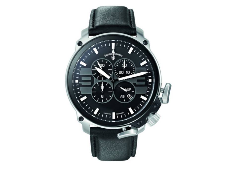 Aerious Chronoscope Edelstahl 46mm schwarzes Zifferblatt schwarzes Lederband