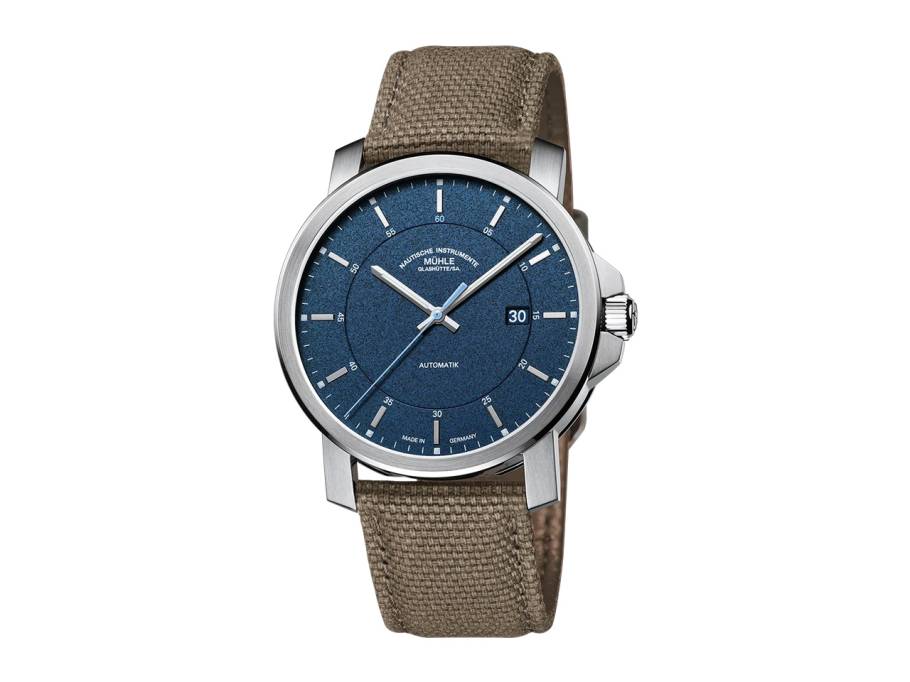 29er Casual Automatik Edelstahl 42,4mm blaues Zifferblatt beiges Canvasband