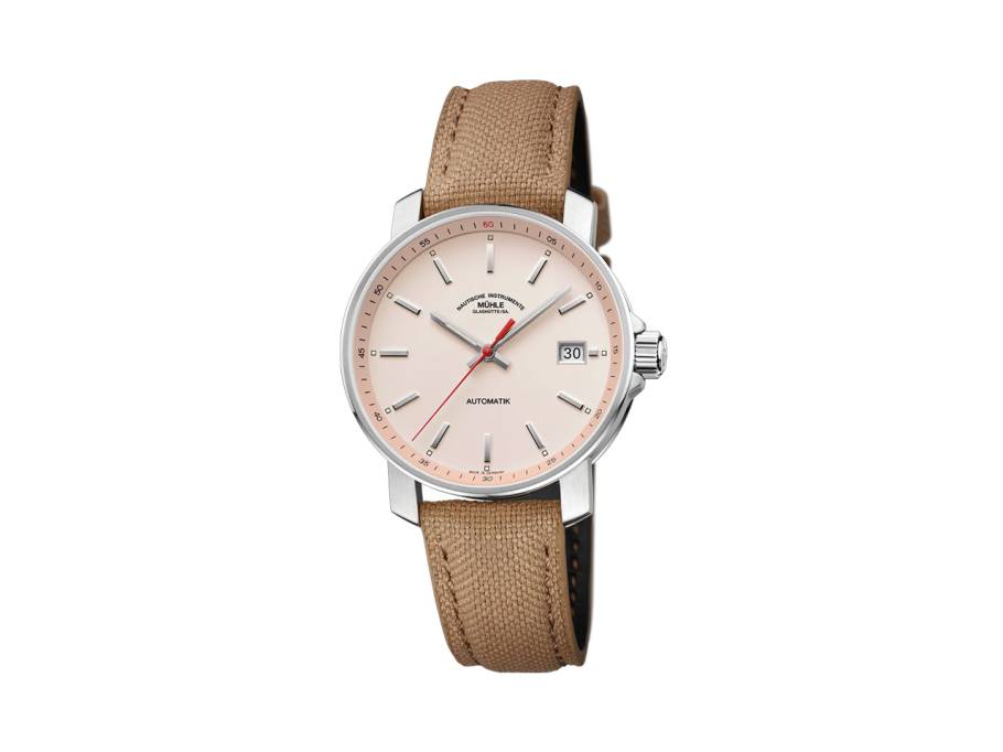 29er Automatik Edelstahl 36mm apricotfarbenes Zifferblatt braunes Canvasband