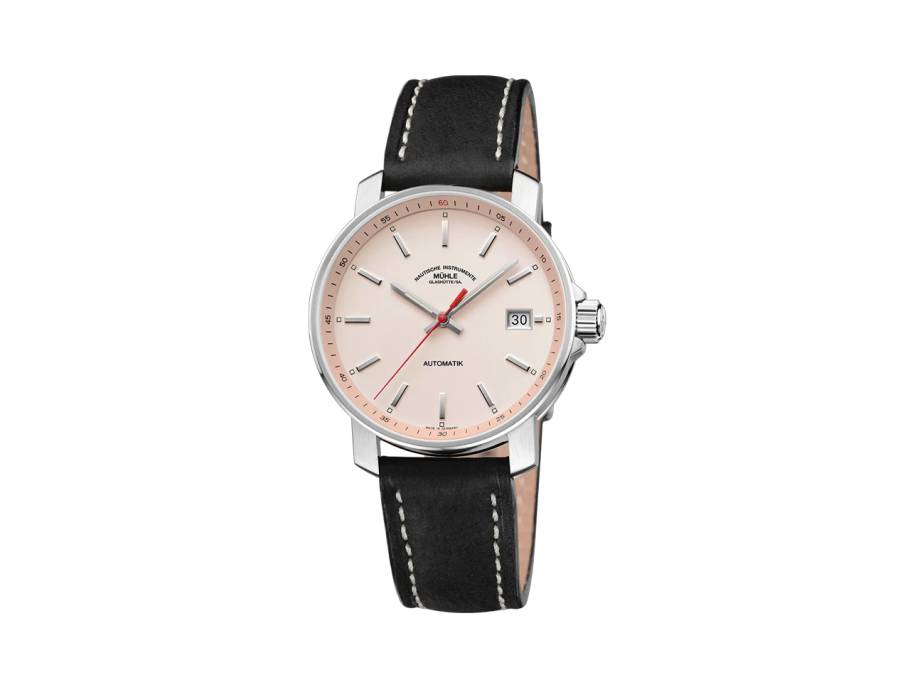 29er Automatik Edelstahl 36mm apricotfarbenes Zifferblatt schwarzes Lederband