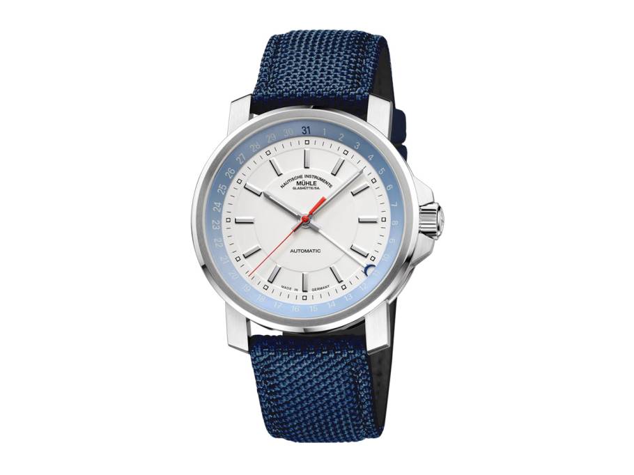 29er Big Zeigerdatum Automatik Edelstahl 42,4mm weißes Zifferblatt nautikblaues Canvasband