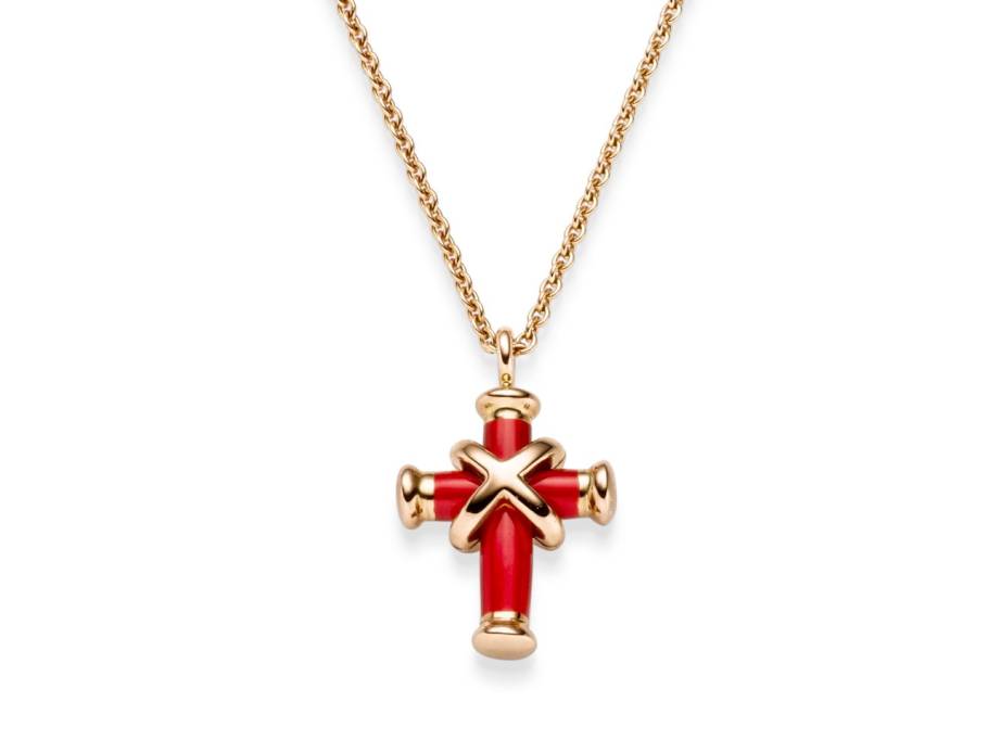Crosses Anhänger  Mini Roségold mit Kaltemaille rot, mit Kette