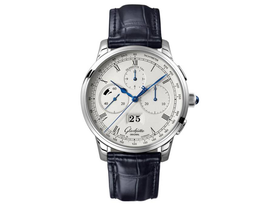 Senator Chronograph Panoramadatum Automatik Platin 42mm weißes Zifferblatt blaues Lederband