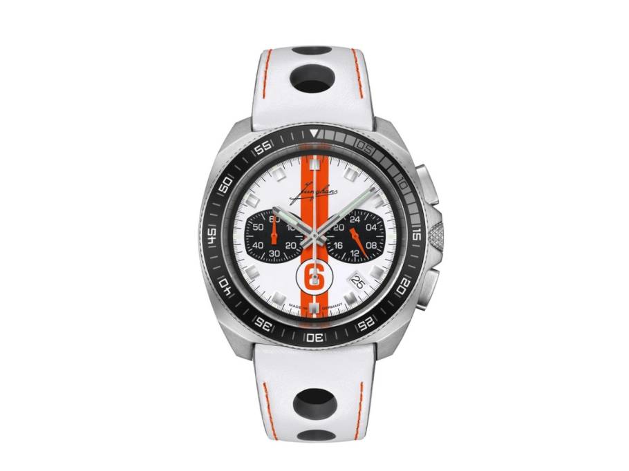 1972 Chronoscope Sports Edition 2025 Quarz Edelstahl 43mm weiß-oranges Zifferblatt weißes Lederband 