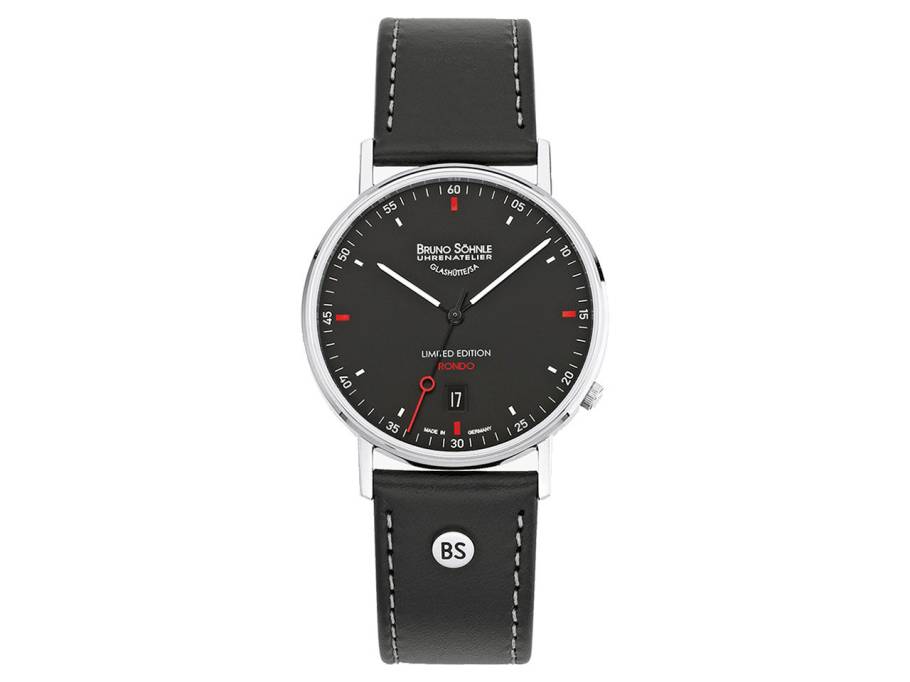 Rondo II Big Quarz Edelstahl 38mm schwarzes Zifferblatt schwarzes Lederband