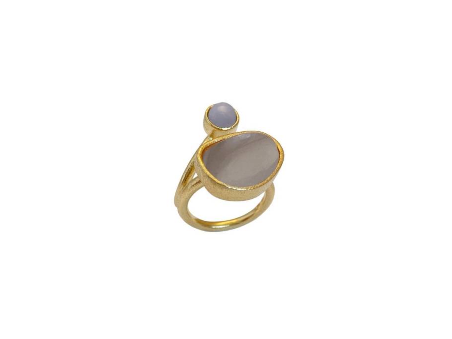 Kolo Ring Silber vergoldet matt mit Mondstein und Angelit