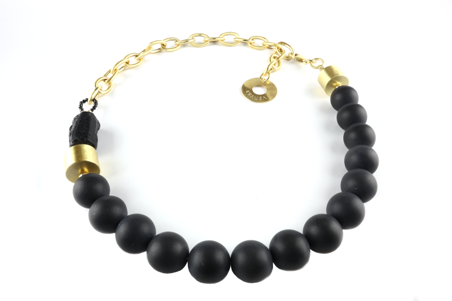   Collier Silber elektrophoretisch goldfarben coloriert, mit schwarzen Onyx-Kugeln 49cm