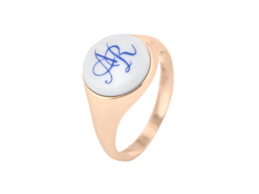 Siegelring rund "Monogramm in Kobaltblau" Silber rosé vergoldet mit weißem Meissener Porzellan