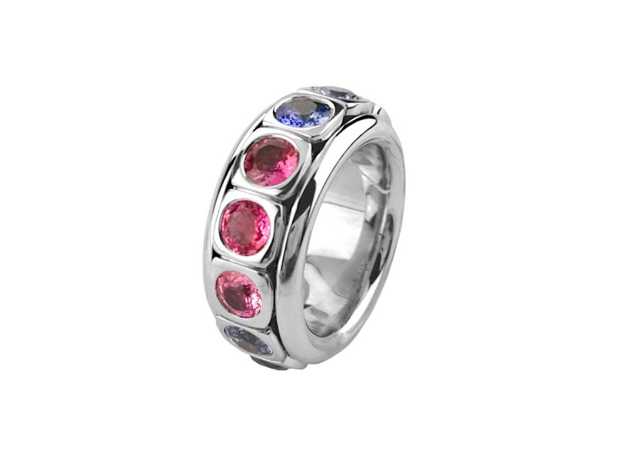 Tango Ring Weißgold drehbar mit verschiedenfarbigen Saphiren 7,62ct 