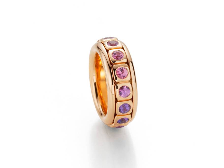 Tango Ring mittlere Breite Rotgold mit farbigen Saphiren, drehbar