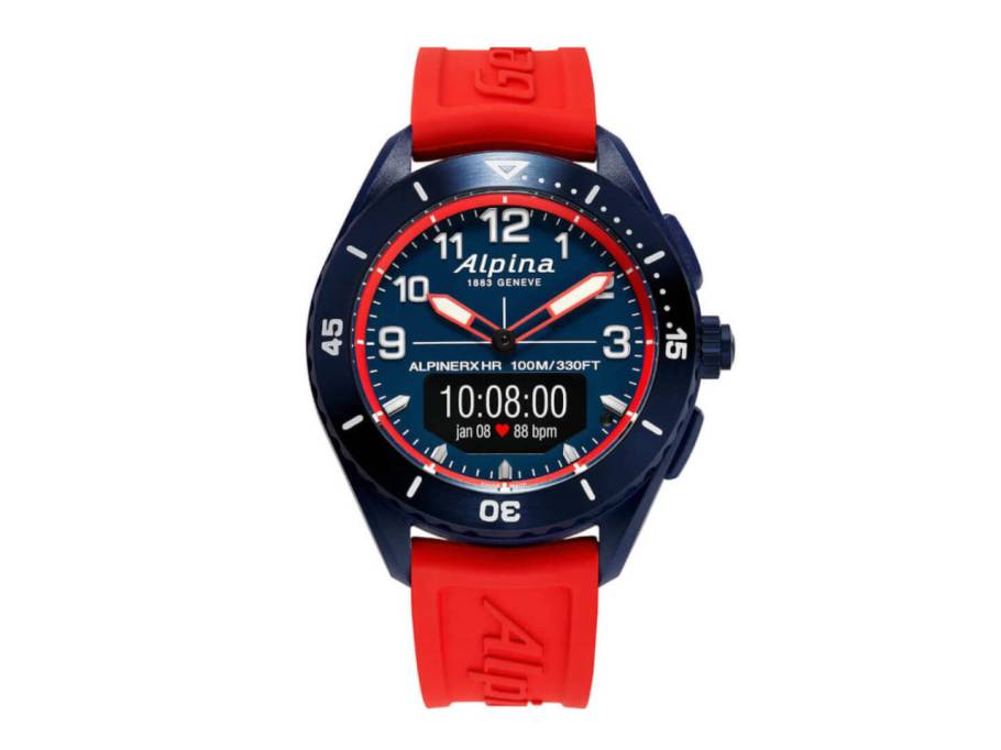 AlpinerX Alive Quarz Fiberglas und Edelstahl 45mm dunkelblaues Zifferblatt rotes Kautschukband