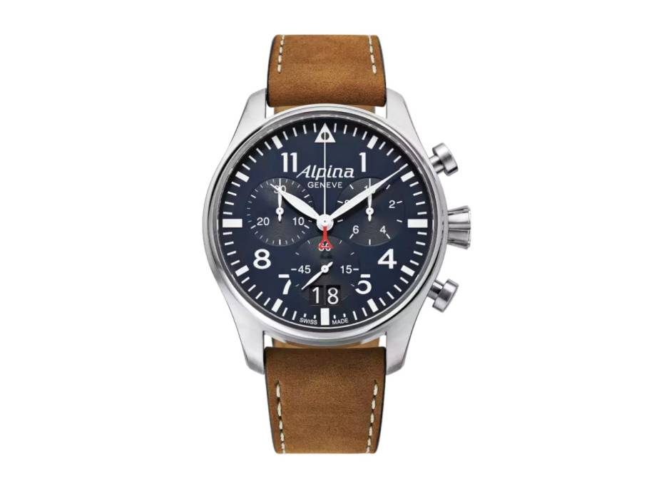 Startimer Pilot Chronograph Quarz Edelstahl 44mm blaues Zifferblatt braunes Lederband