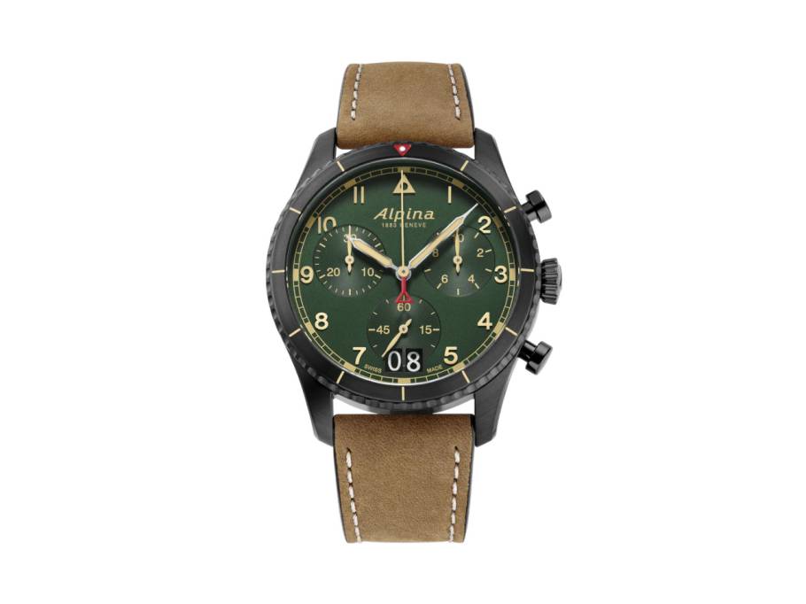 Startimer Pilot Chronograph Quarz Edelstahl Schwarz-PVD 41mm grünes Zifferblatt braunes Lederband