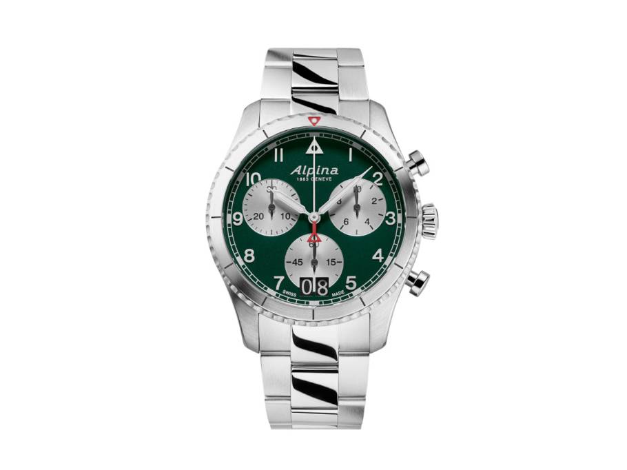 Startimer Pilot Big Date Chronograph Quarz Edelstahl 41mm grünes Zifferblatt Metallband