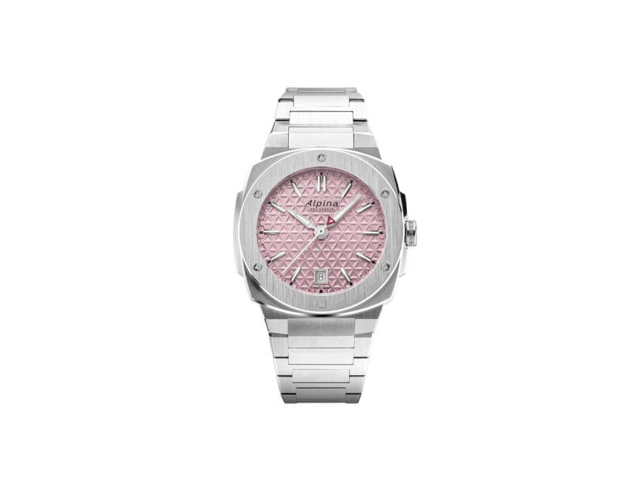 Alpiner Extreme Quartz Edelstahl 34mm rosafarbenes Zifferblatt Metallband