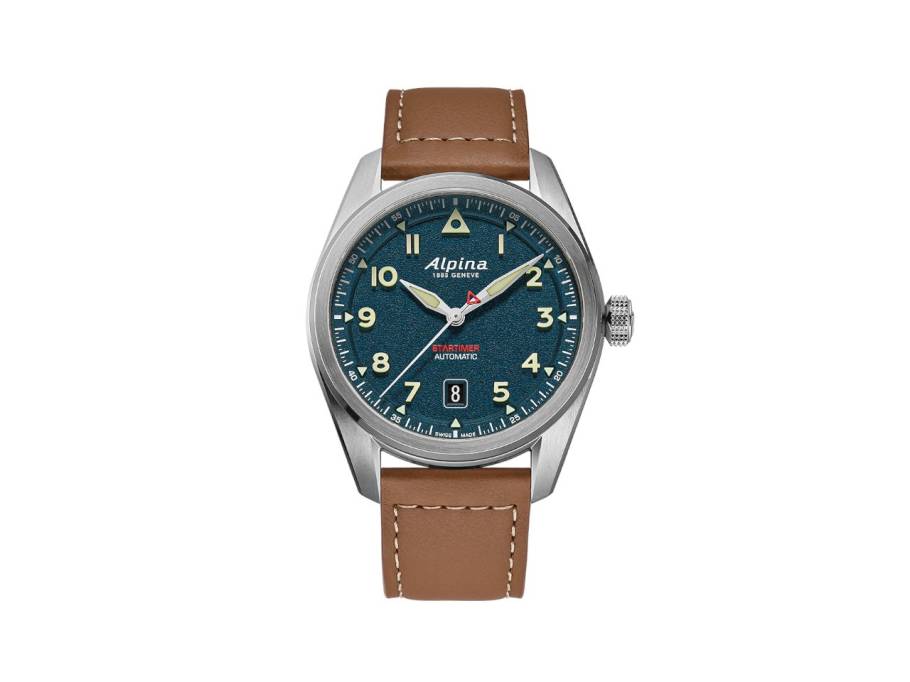 Startimer Pilot Automatik Edelstahl 40mm blaues Zifferblatt braunes Lederband