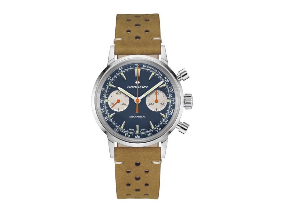 American Classic Intra-Matic Chronograph H Handaufzug Edelstahl 40mm blaues Zifferblatt braunes Lederband