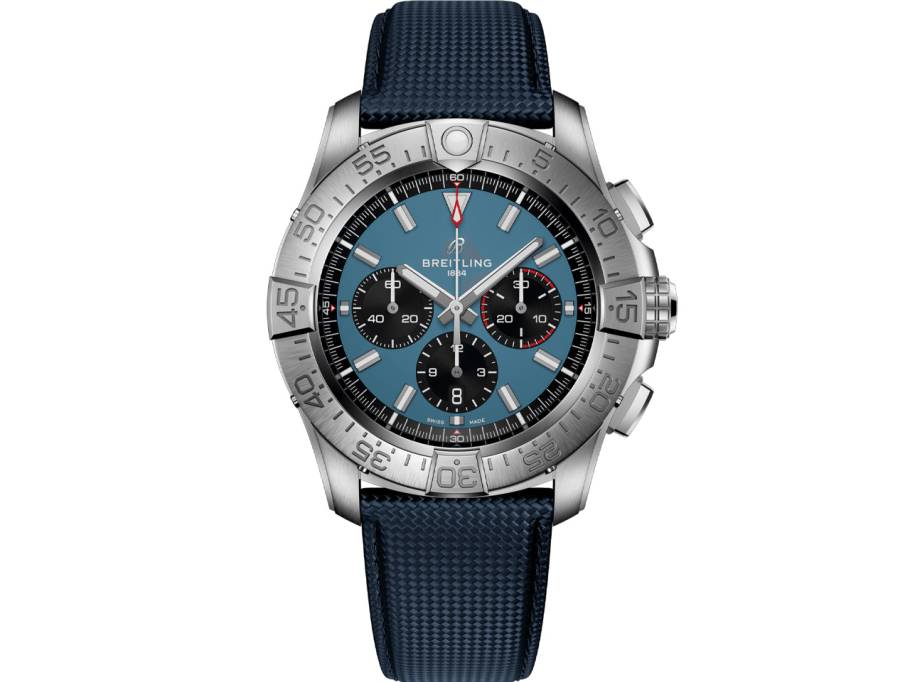 Super Avenger B01 Chronograph 46 Automatik Titan blaues Zifferblatt blaues Lederband
