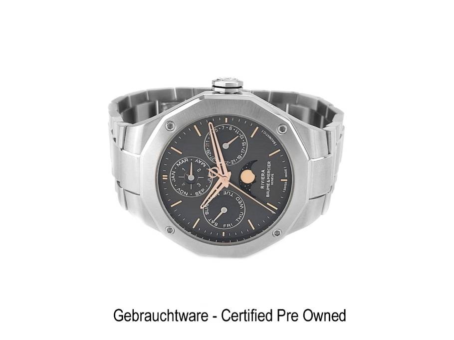 Baume & Mercier Riviera Ewiger Kalender Limited Edition Automatik Edelstahl 40mm graues Zifferblatt Metallband M0A10786 Full Set mit Garantie Occasion Neu