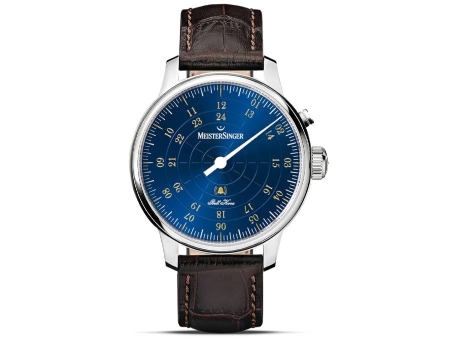 Bell Hora Automatik Edelstahl mittelblau Lederband braun