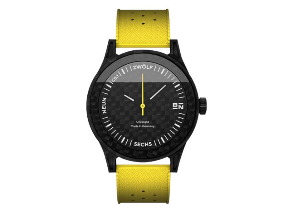 C6.1 Elements Luft Automatik Carbon 45mm schwarzes Zifferblatt gelbes Kautschukband 