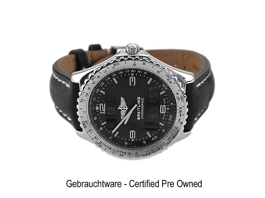 Chronospace Navitimer Quarz Edelstahl 42mm schwarzes Zifferblatt schwarzes Lederband A5601212/B123 Occasion Refurbished