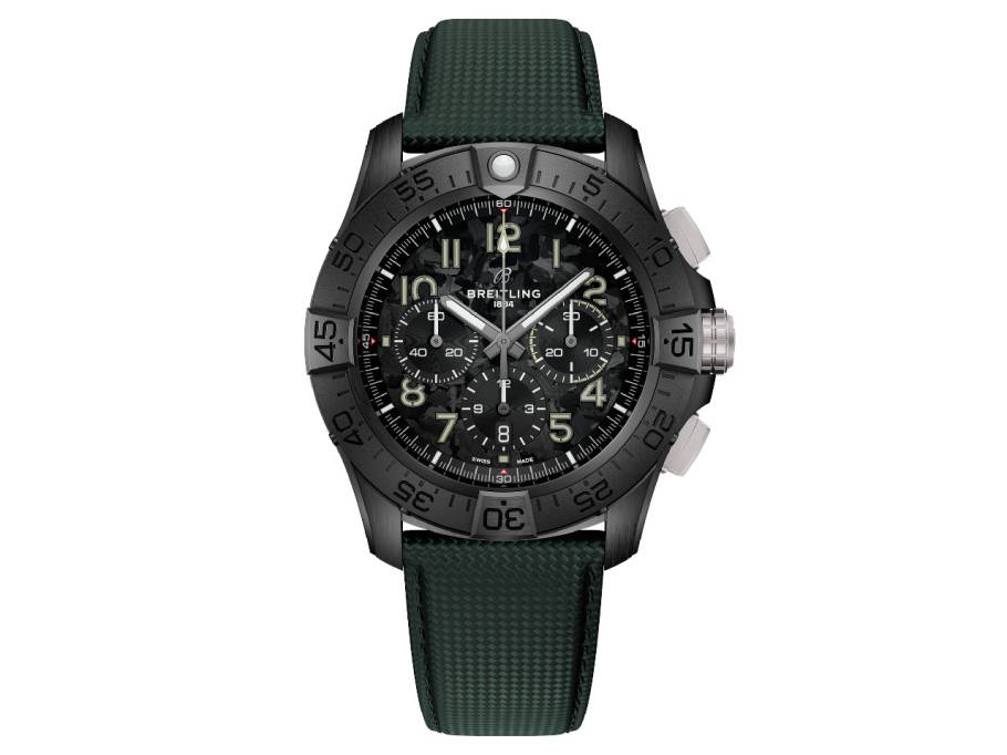 Super Avenger B01 Chronograph 46 Automatik Keramik schwarzes Zifferblatt grünes Lederband