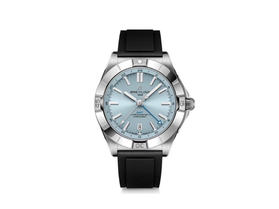 Chronomat Automatic GMT 40 Edelstahl Platin eisblaues Zifferblatt schwarzes Kautschukband