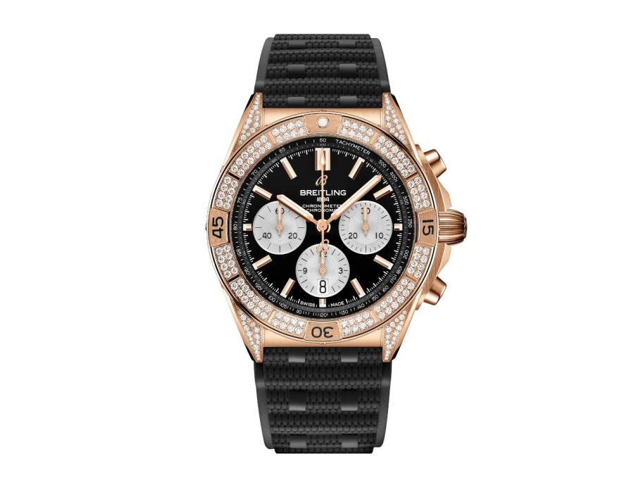 Chronomat B01 42 Automatik Rotgold schwarzes Zifferblatt mit Brillanten 1,30ct schwarzes Kautschukband