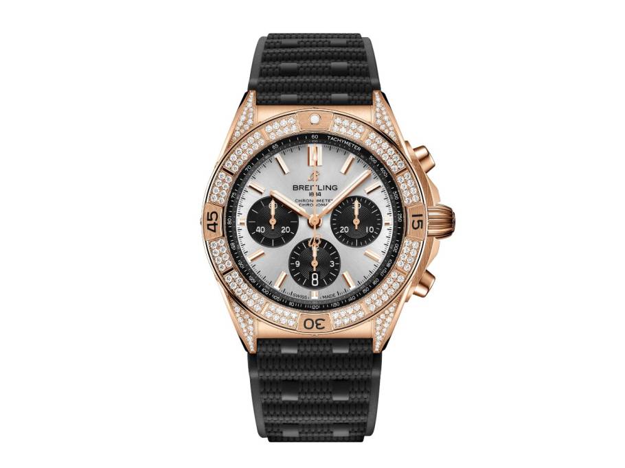 Chronomat B01 42 Automatik Rotgold silbernes Zifferblatt mit Brillanten 1,30ct schwarzes Kautschukband