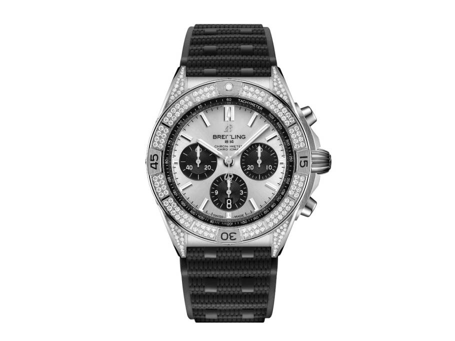 Chronomat B01 42 Automatik Edelstahl silbernes Zifferblatt mit Brillanten 1,30ct schwarzes Kautschukband