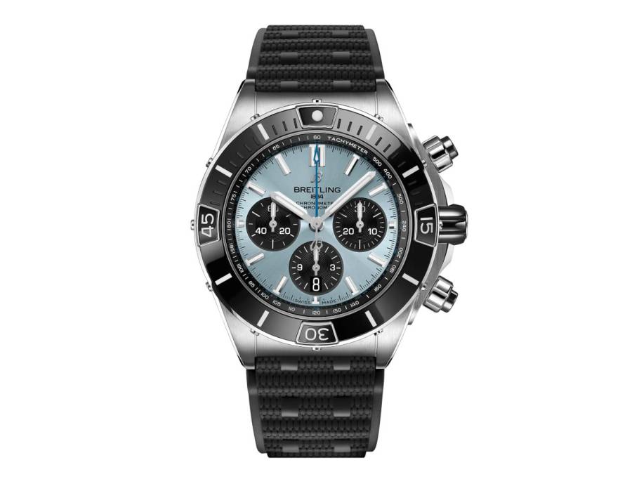 Super Chronomat B01 44 Automatik Edelstahl und Platin eisblaues Zifferblatt schwarzes Kautschukband