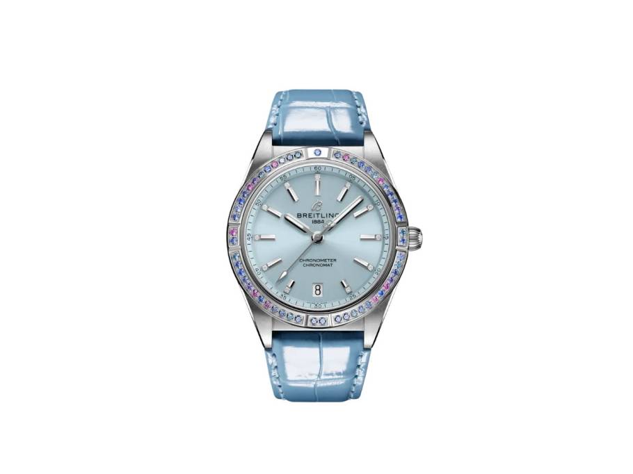 Chronomat Automatic 36 South Sea Edelstahl blaues Zifferblatt mit Brillanten und bunten Saphiren blaues Lederband