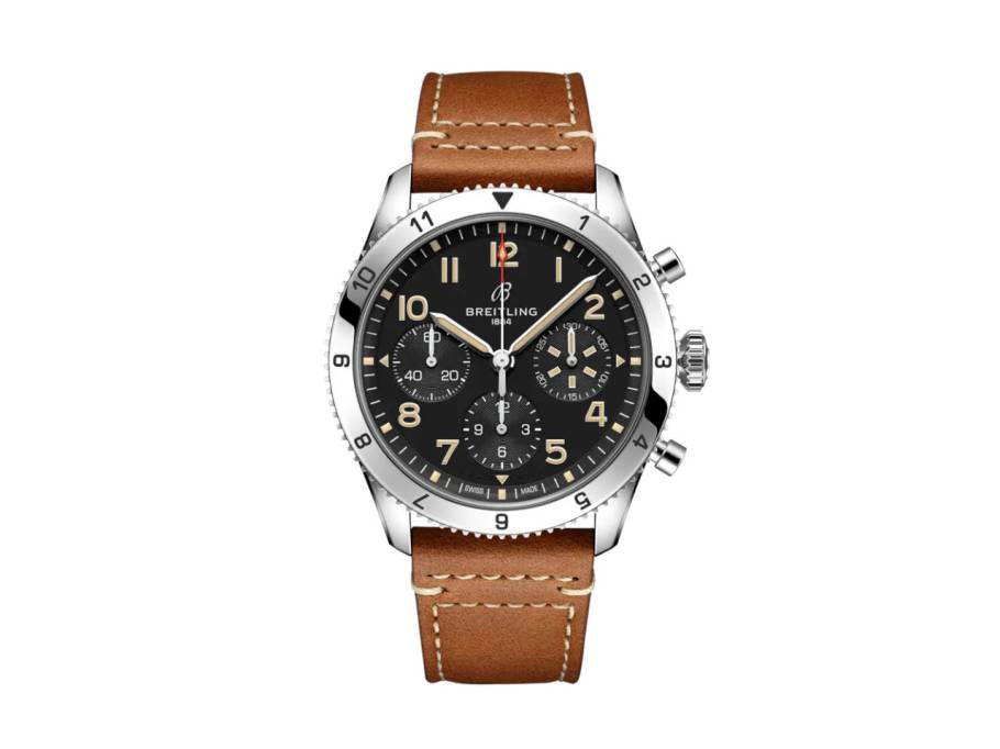 Classic Avi Chronograph 42 P-51 Mustang Automatik Edelstahl schwarzes Zifferblatt braunes Lederband