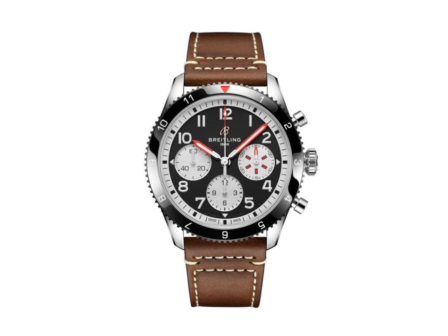Classic Avi Chronograph 42 Mosquito Automatik Edelstahl schwarzes Zifferblatt braunes Lederband