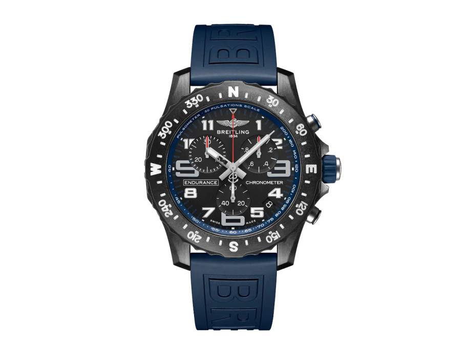 Endurance Pro 44 Chronograph Quarz Breitlight schwarzes Zifferblatt blaues Kautschukband