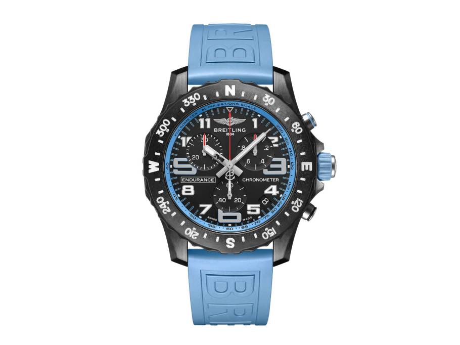 Endurance Pro 44 Chronograph Quarz Breitlight schwarzes Zifferblatt blaues Kautschukband