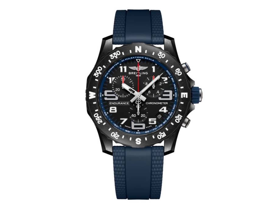 Endurance Pro 44 Chronograph Quarz Breitlight schwarzes Zifferblatt blaues Kautschukband