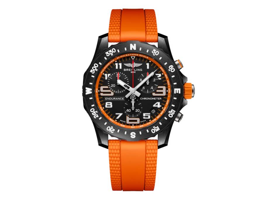 Endurance Pro 44 Chronograph Quarz Breitlight schwarzes Zifferblatt orangefarbenes Kautschukband
