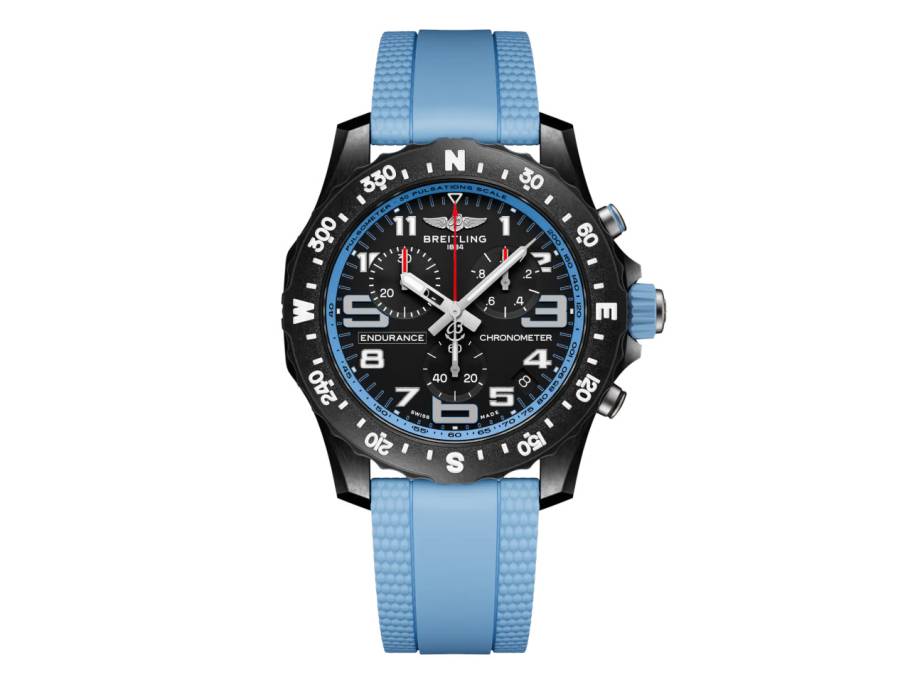 Endurance Pro 44 Chronograph Quarz Breitlight schwarzes Zifferblatt blaues Kautschukband