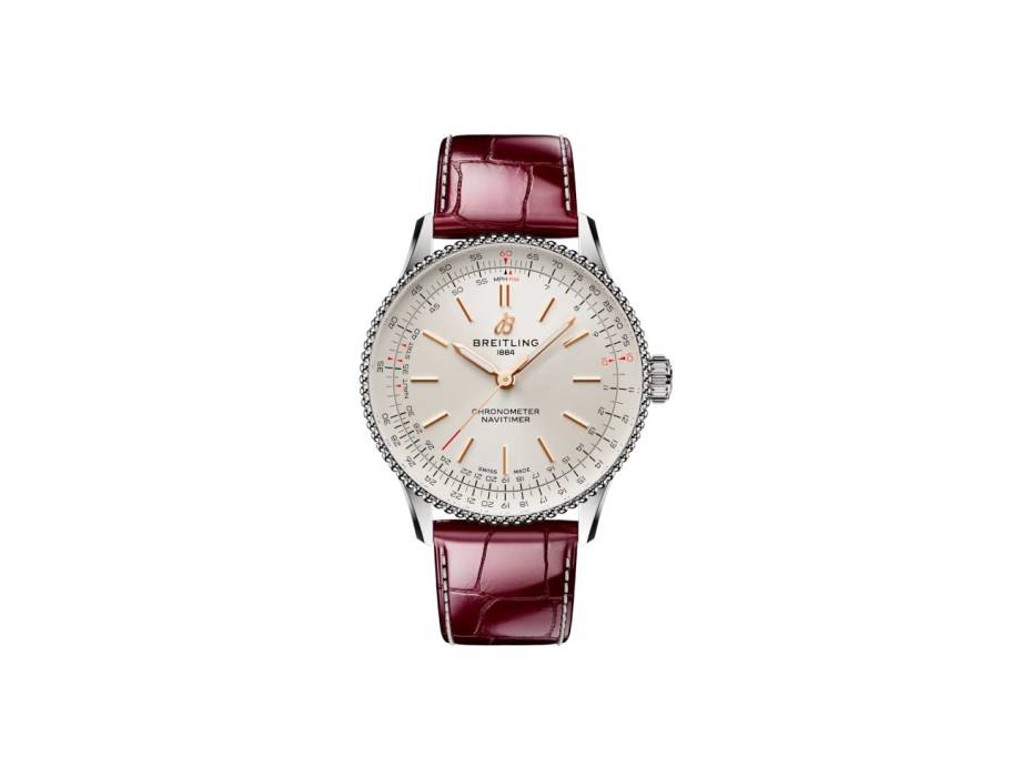 Navitimer Automatic 36 Edelstahl champagnerfarbenes Zifferblatt bordeauxrotes Lederband