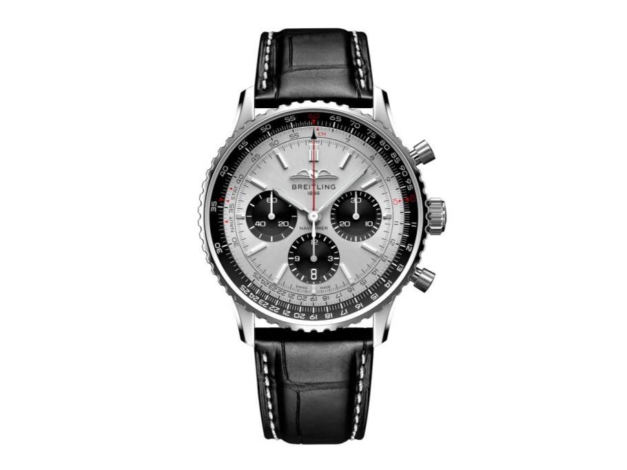 Navitimer B01 Chronograph 43 Edelstahl silbernes Zifferblatt schwarzes Lederband