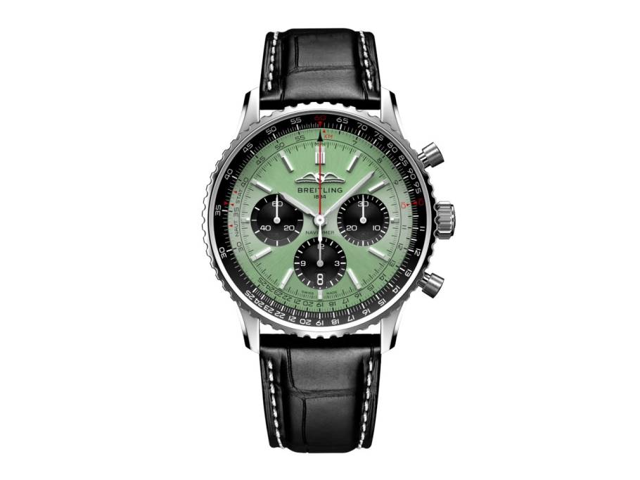 Navitimer B01 Chronograph 43 Edelstahl mintgrünes Zifferblatt schwarzes Lederband