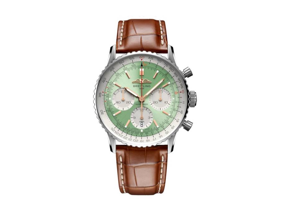 Navitimer B01 Chronograph 41 Edelstahl grünes Zifferblatt braunes Lederband