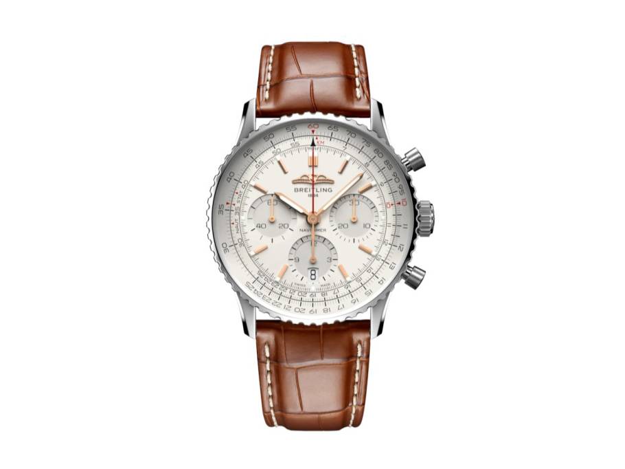 Navitimer B01 Chronograph 41 Edelstahl silbernes Zifferblatt braunes Lederband