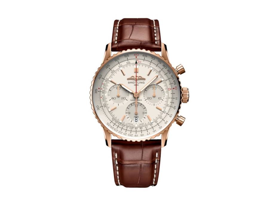 Navitimer B01 Chronograph 41 Rotgold silbernes Zifferblatt braunes Lederband